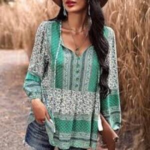 SHEIN Gray and Blue Long Sleeve Peplum Blouse